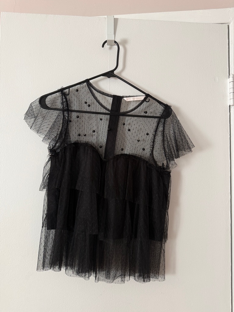 Zara Black Sheer Dot Tulle Tiered Top Size Small